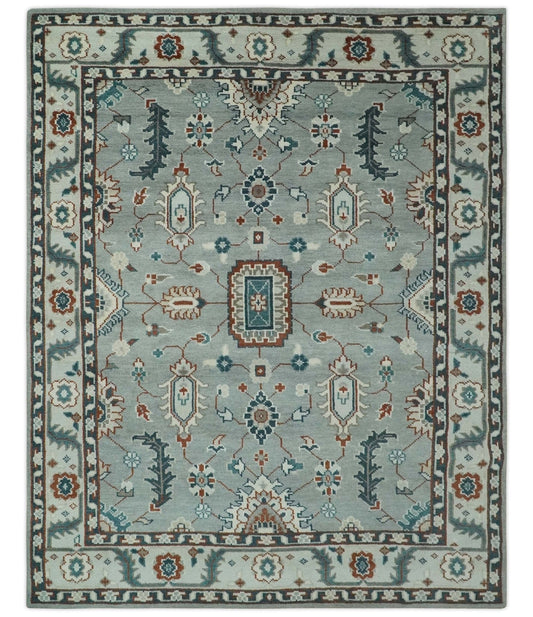 The Rug Decor Area Rug 8x10 Custom Made Hand Knotted Silver, Teal, Ivory and Brown Traditional Oriental Oushak wool area Rug Custom Made Hand Knotted Silver, Teal, Ivory and Brown Traditional Oriental Oushak wool area Rug