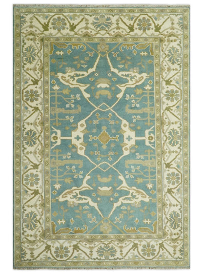 The Rug Decor Area Rug 6x9 Custom Made Hand Knotted Teal, Ivory and Olive Oriental Oushak wool area rug Custom Made Hand Knotted Teal, Ivory and Olive Oriental Oushak wool area rug