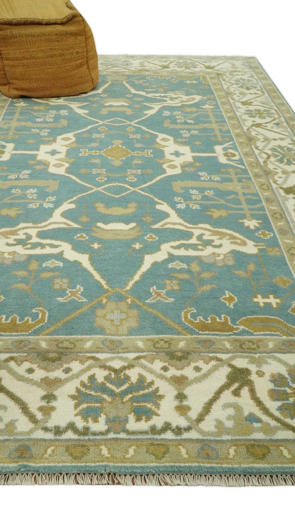 The Rug Decor Area Rug Custom Made Hand Knotted Teal, Ivory and Olive Oriental Oushak wool area rug Custom Made Hand Knotted Teal, Ivory and Olive Oriental Oushak wool area rug
