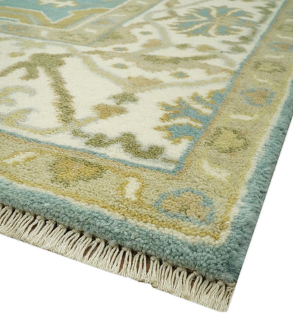The Rug Decor Area Rug Custom Made Hand Knotted Teal, Ivory and Olive Oriental Oushak wool area rug Custom Made Hand Knotted Teal, Ivory and Olive Oriental Oushak wool area rug