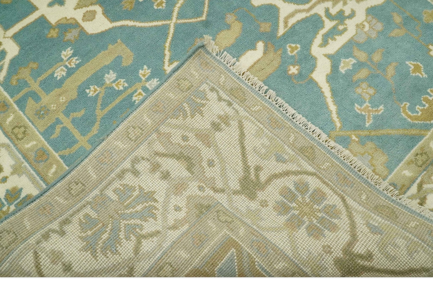 The Rug Decor Area Rug Custom Made Hand Knotted Teal, Ivory and Olive Oriental Oushak wool area rug Custom Made Hand Knotted Teal, Ivory and Olive Oriental Oushak wool area rug