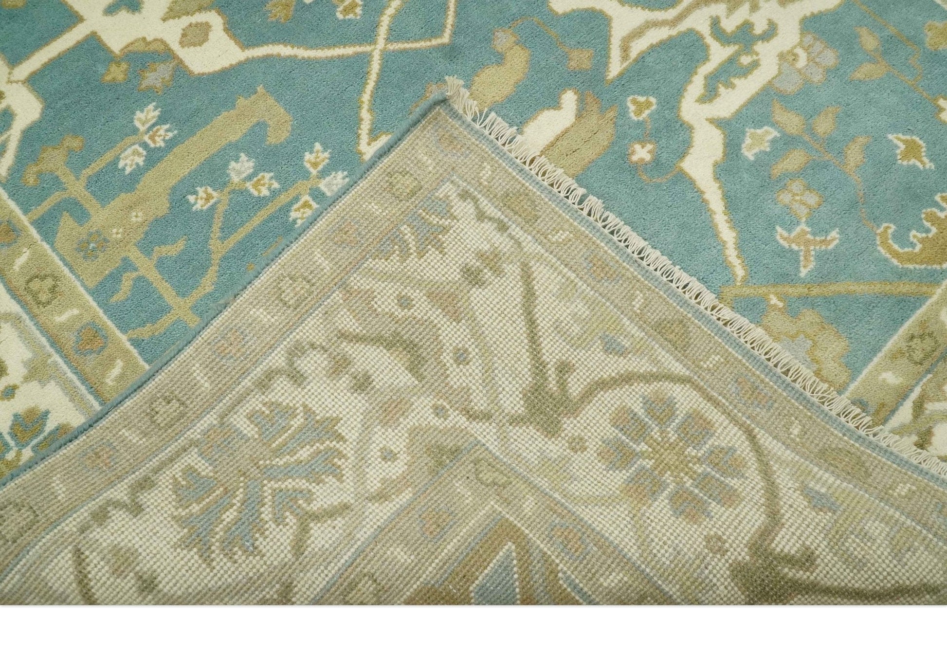 The Rug Decor Area Rug Custom Made Hand Knotted Teal, Ivory and Olive Oriental Oushak wool area rug Custom Made Hand Knotted Teal, Ivory and Olive Oriental Oushak wool area rug