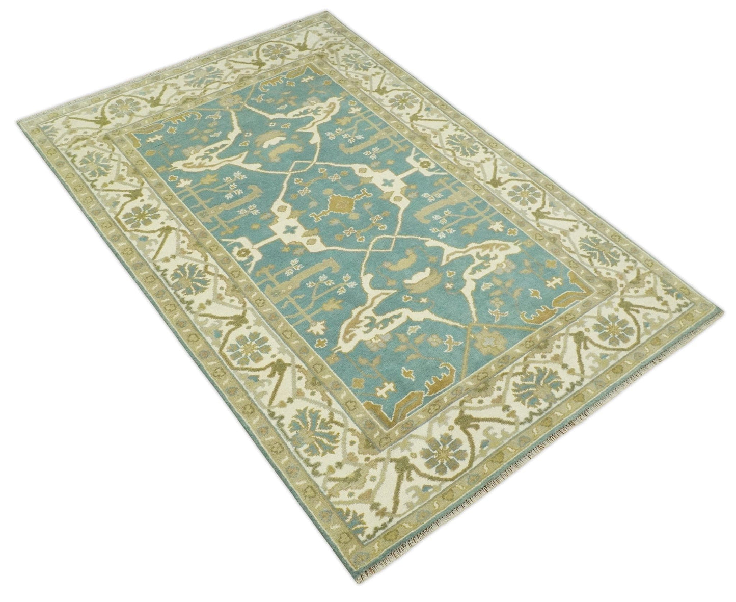 The Rug Decor Area Rug Custom Made Hand Knotted Teal, Ivory and Olive Oriental Oushak wool area rug Custom Made Hand Knotted Teal, Ivory and Olive Oriental Oushak wool area rug