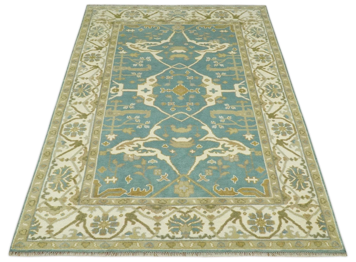 The Rug Decor Area Rug Custom Made Hand Knotted Teal, Ivory and Olive Oriental Oushak wool area rug Custom Made Hand Knotted Teal, Ivory and Olive Oriental Oushak wool area rug
