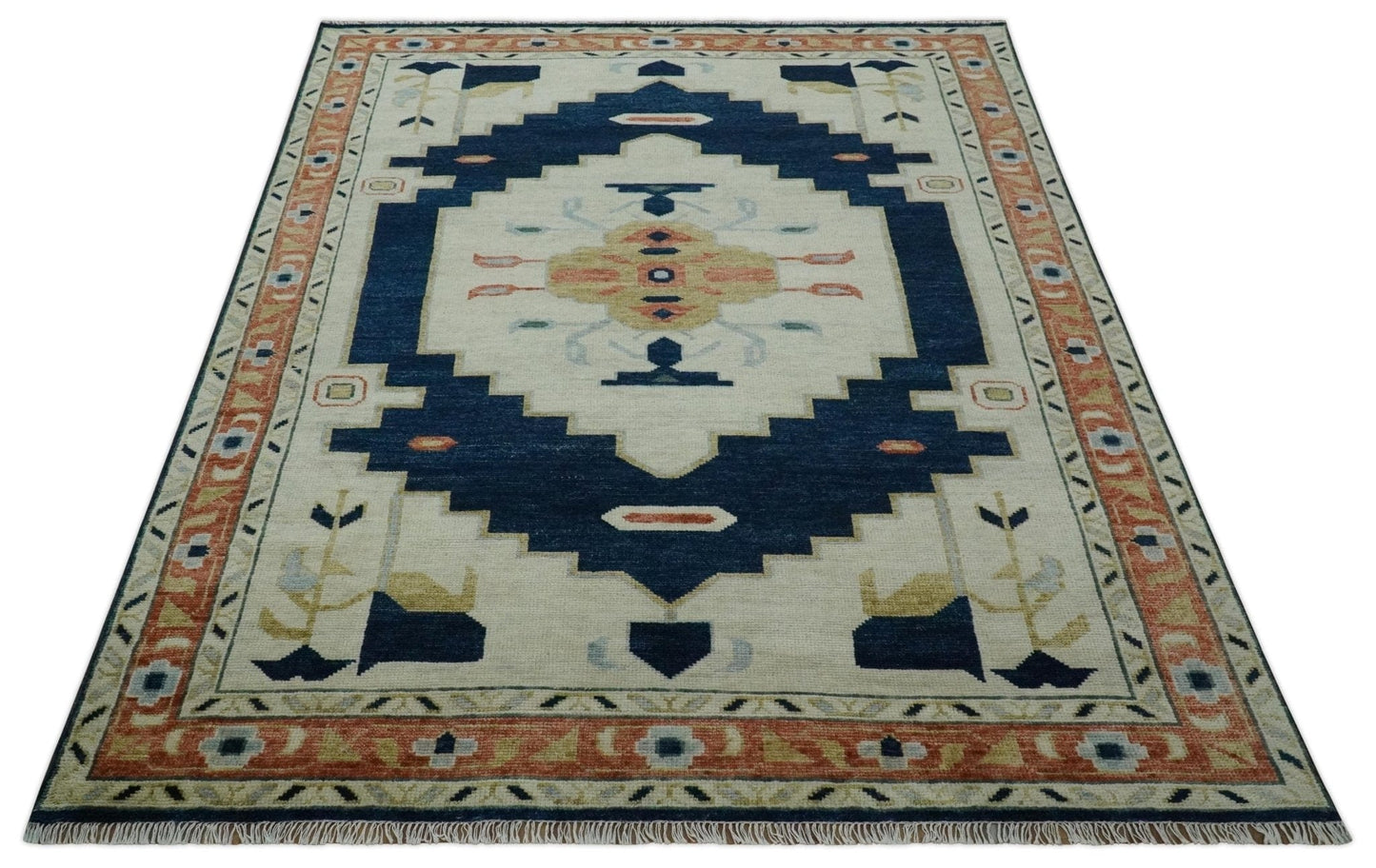 The Rug Decor Area Rug Custom Made Ivory, Blue, Beige and Rust Hand Knotted Traditional Heriz Wool Area Rug Custom Made Ivory, Blue, Beige and Rust Hand Knotted Traditional Heriz Wool Area Rug
