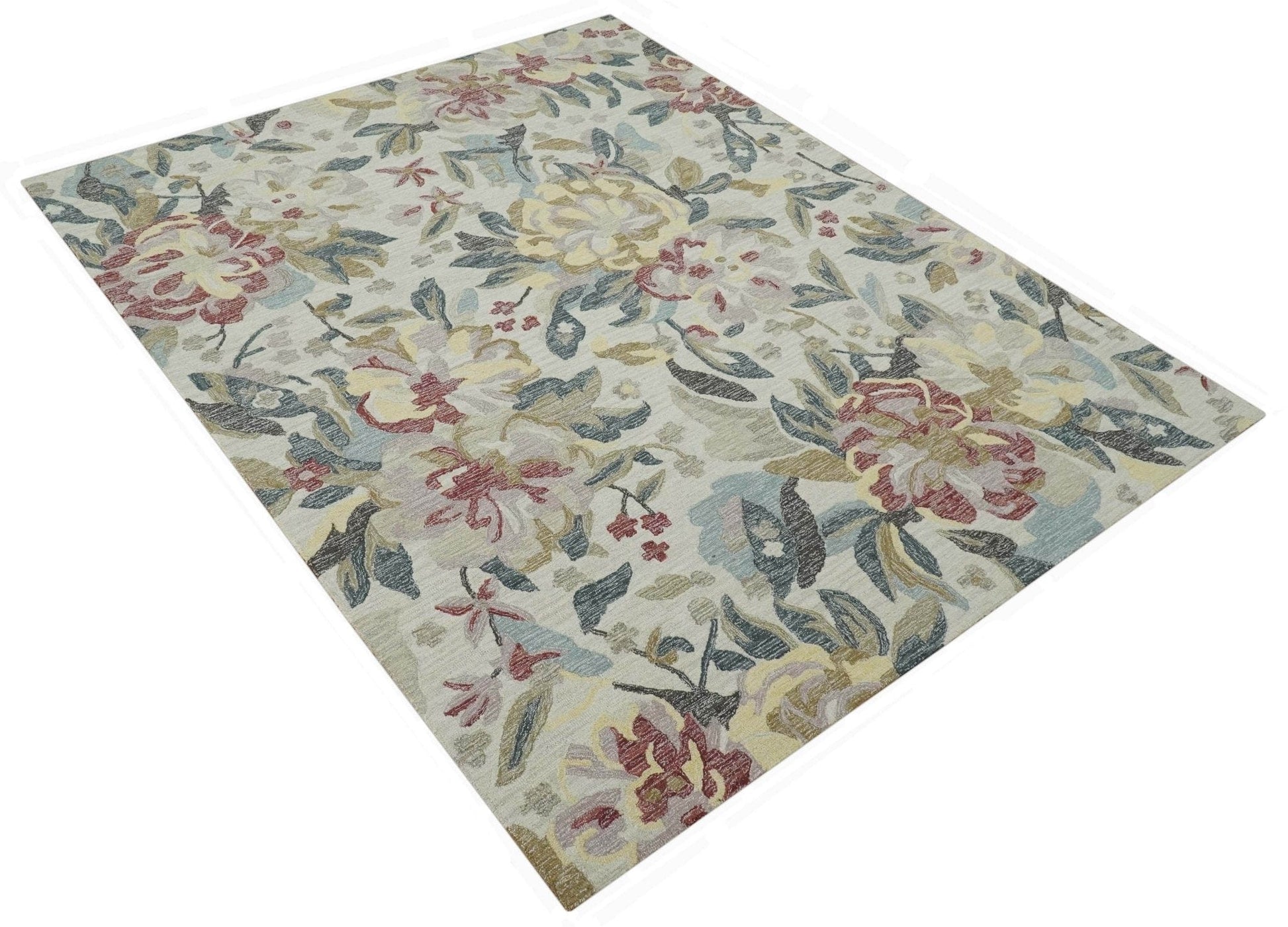 The Rug Decor Area Rug Custom Made Ivory, Charcoal and Olive Floral Design Colorful Hand Tufted wool rug Custom Made Ivory, Charcoal and Olive Floral Design Colorful Hand Tufted wool rug