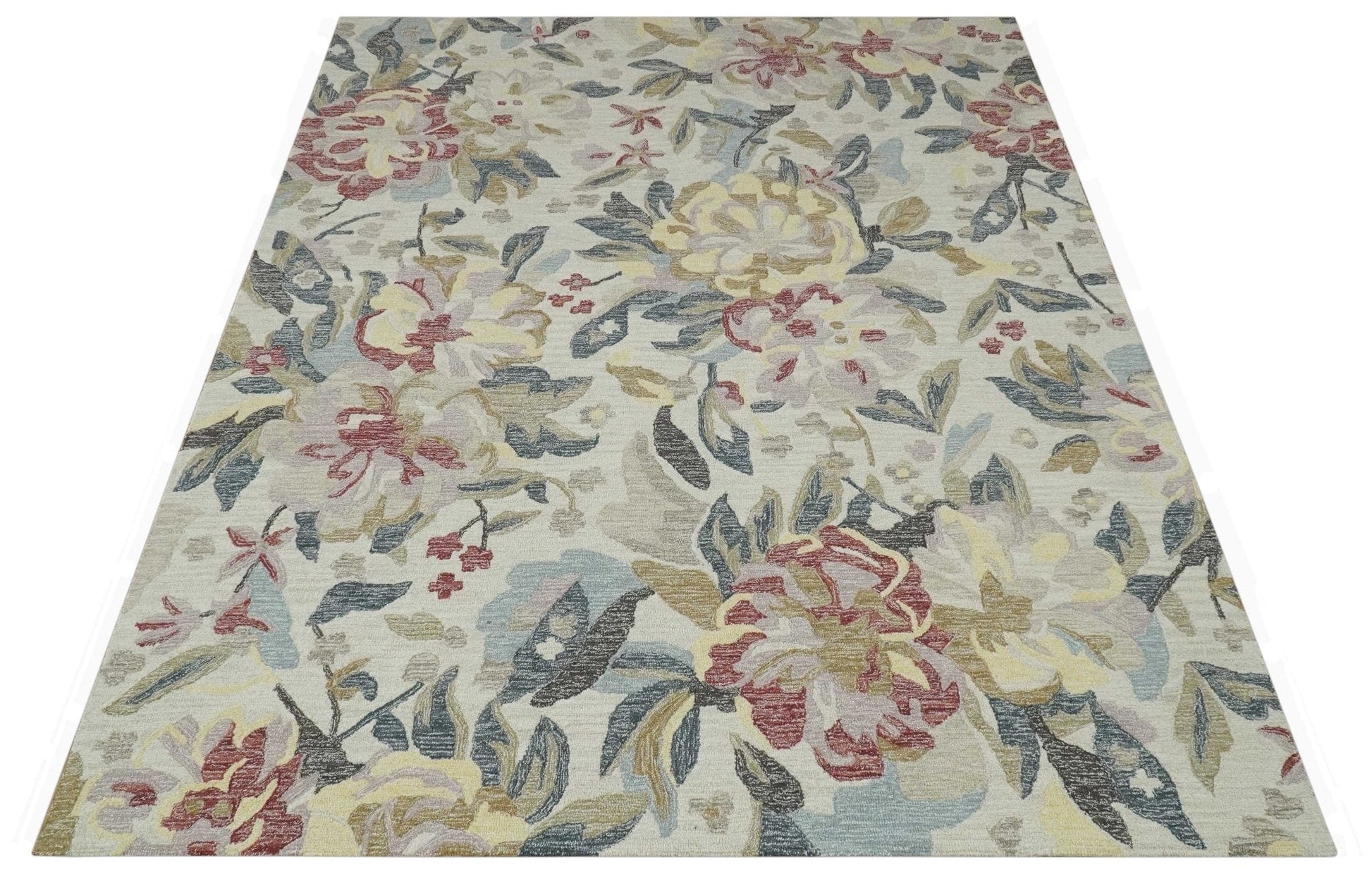 The Rug Decor Area Rug Custom Made Ivory, Charcoal and Olive Floral Design Colorful Hand Tufted wool rug Custom Made Ivory, Charcoal and Olive Floral Design Colorful Hand Tufted wool rug