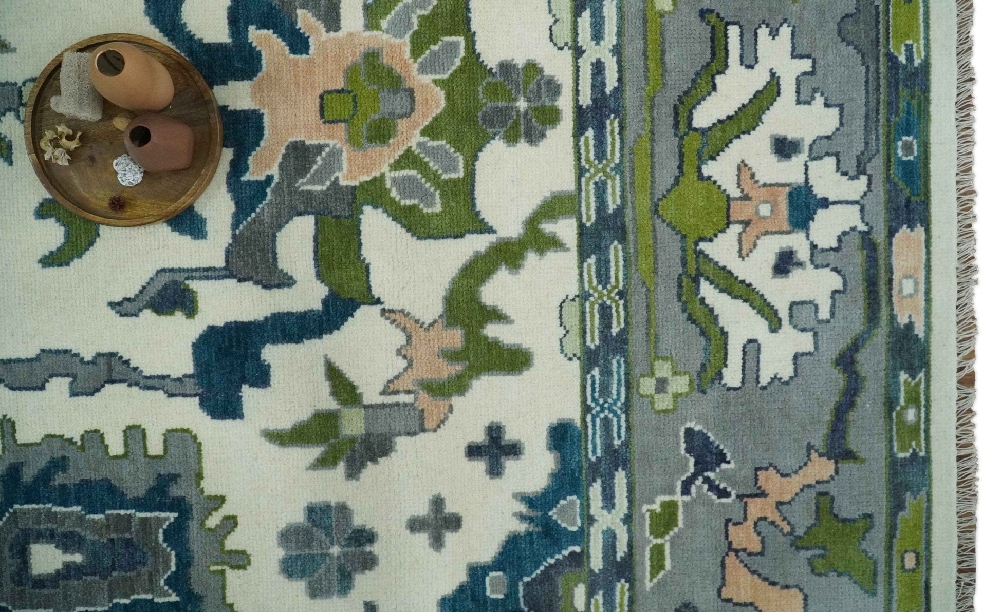 The Rug Decor Area Rug Custom Made Ivory, Gray and Green Hand knotted Traditional Oushak Wool Area Rug Custom Made Ivory, Gray and Green Hand knotted Traditional Oushak Wool Area Rug