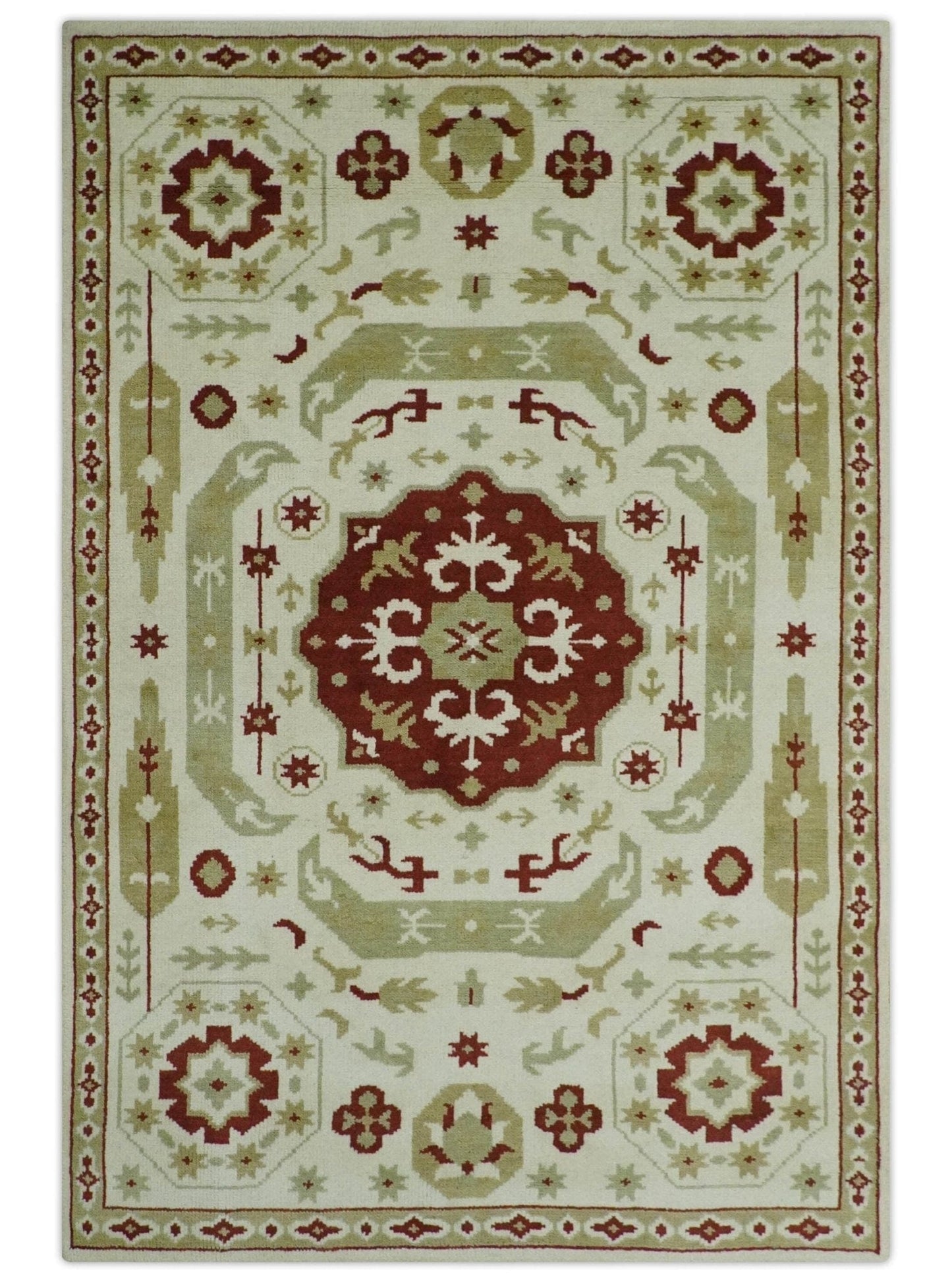 The Rug Decor Area Rug 6x9 Custom Made Ivory, Olive and Maroon Traditional Medallion Mamluk Design wool Rug Custom Made Ivory, Olive and Maroon Traditional Medallion Mamluk Design wool Rug