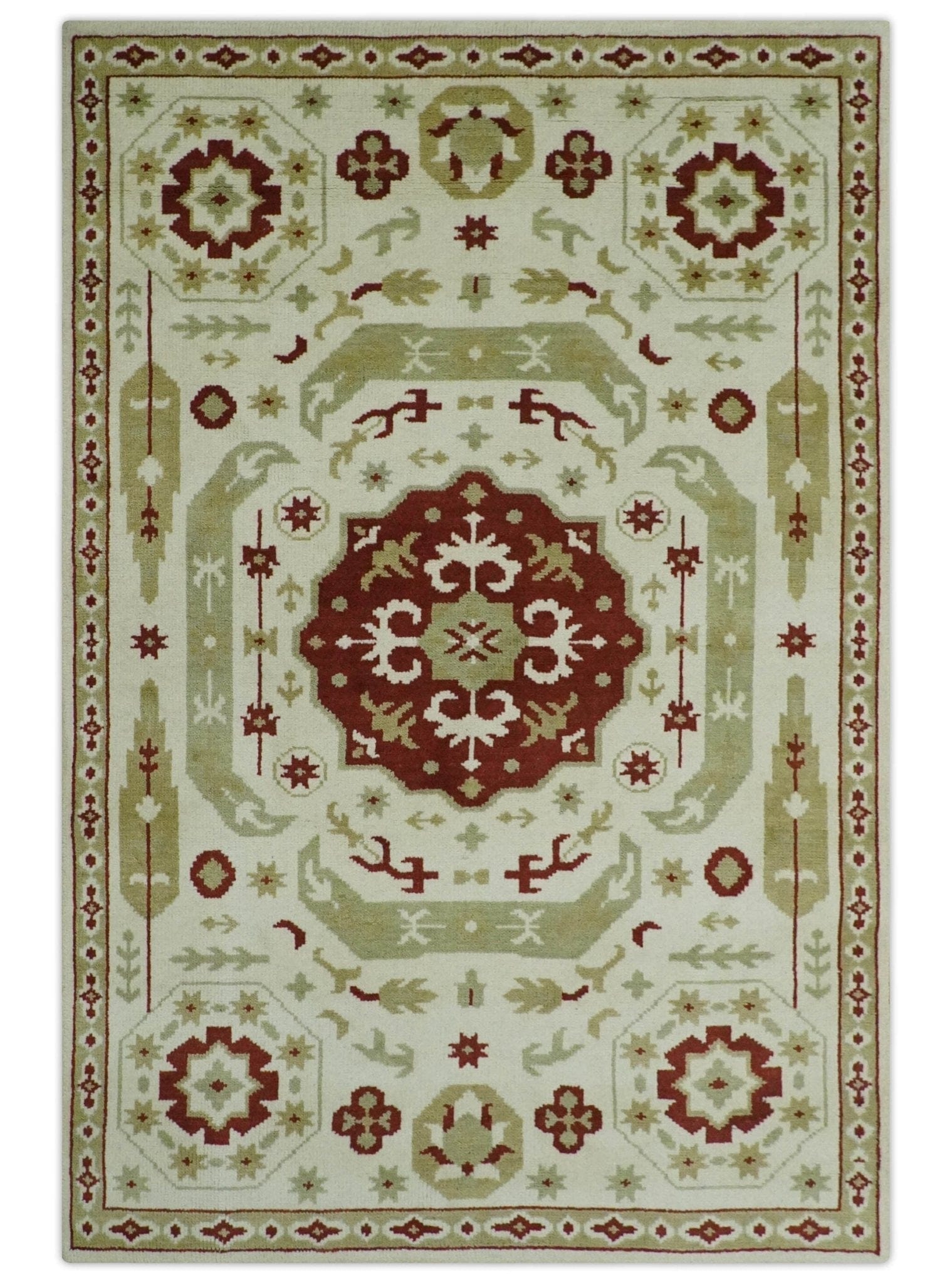 The Rug Decor Area Rug 6x9 Custom Made Ivory, Olive and Maroon Traditional Medallion Mamluk Design wool Rug Custom Made Ivory, Olive and Maroon Traditional Medallion Mamluk Design wool Rug