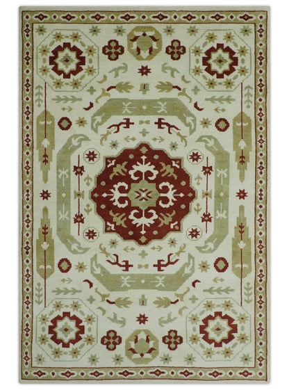 The Rug Decor Area Rug 6x9 Custom Made Ivory, Olive and Maroon Traditional Medallion Mamluk Design wool Rug Custom Made Ivory, Olive and Maroon Traditional Medallion Mamluk Design wool Rug