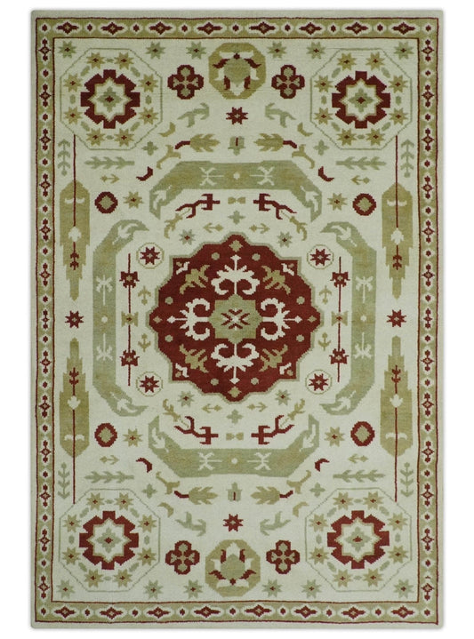 The Rug Decor Area Rug 6x9 Custom Made Ivory, Olive and Maroon Traditional Medallion Mamluk Design wool Rug Custom Made Ivory, Olive and Maroon Traditional Medallion Mamluk Design wool Rug