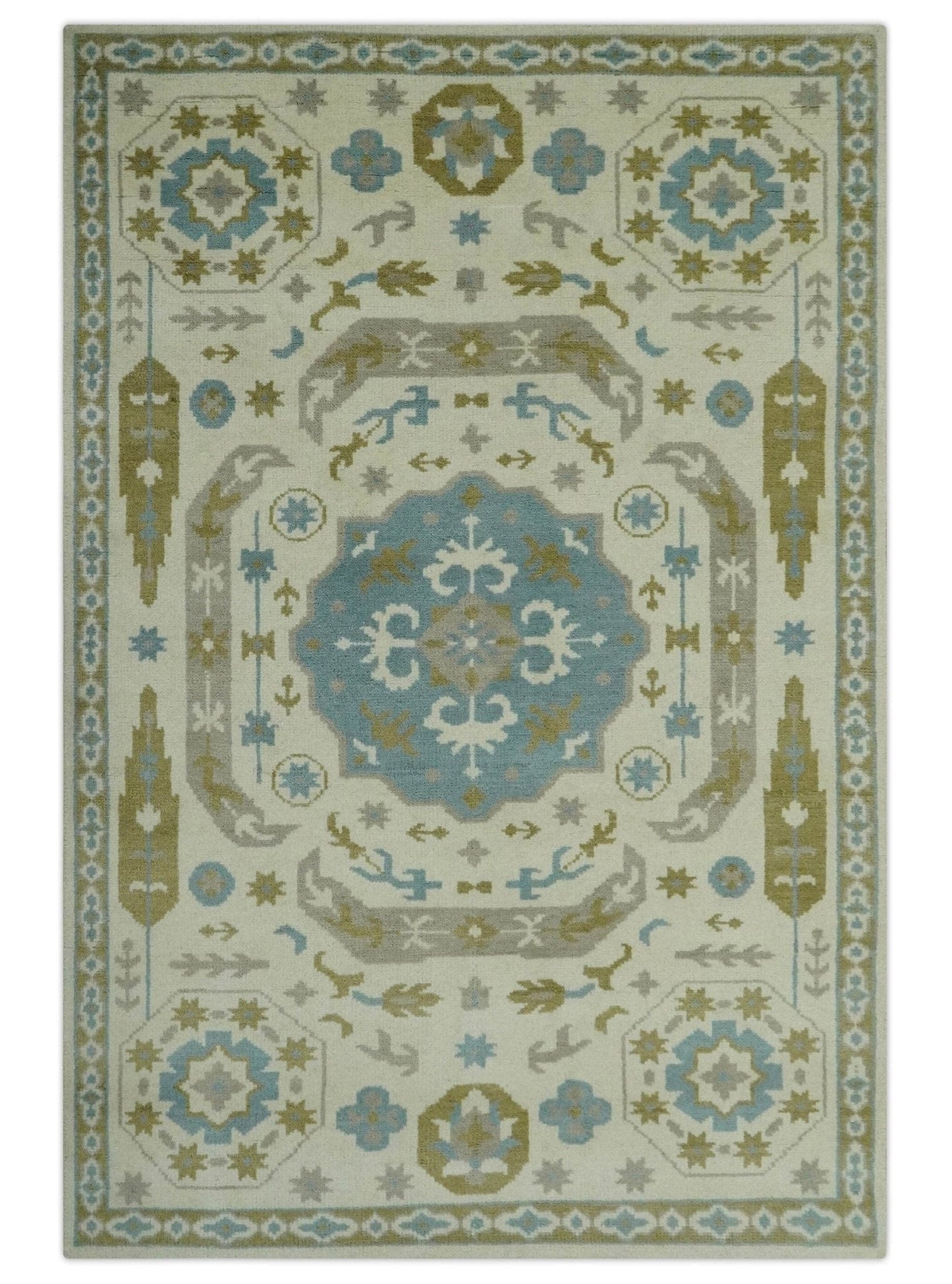 The Rug Decor Area Rug 6x9 Custom Made Ivory, Olive and Teal Hand Knotted Traditional Medallion Mamluk Design wool Rug Custom Made Ivory, Olive and Teal Hand Knotted Traditional Medallion Mamluk Design wool Rug