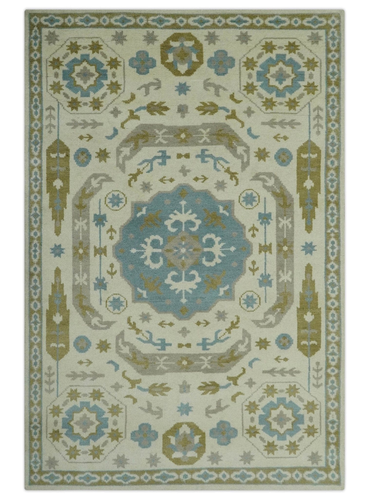 The Rug Decor Area Rug 6x9 Custom Made Ivory, Olive and Teal Hand Knotted Traditional Medallion Mamluk Design wool Rug Custom Made Ivory, Olive and Teal Hand Knotted Traditional Medallion Mamluk Design wool Rug