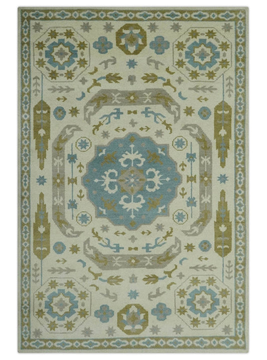 The Rug Decor Area Rug 6x9 Custom Made Ivory, Olive and Teal Hand Knotted Traditional Medallion Mamluk Design wool Rug Custom Made Ivory, Olive and Teal Hand Knotted Traditional Medallion Mamluk Design wool Rug
