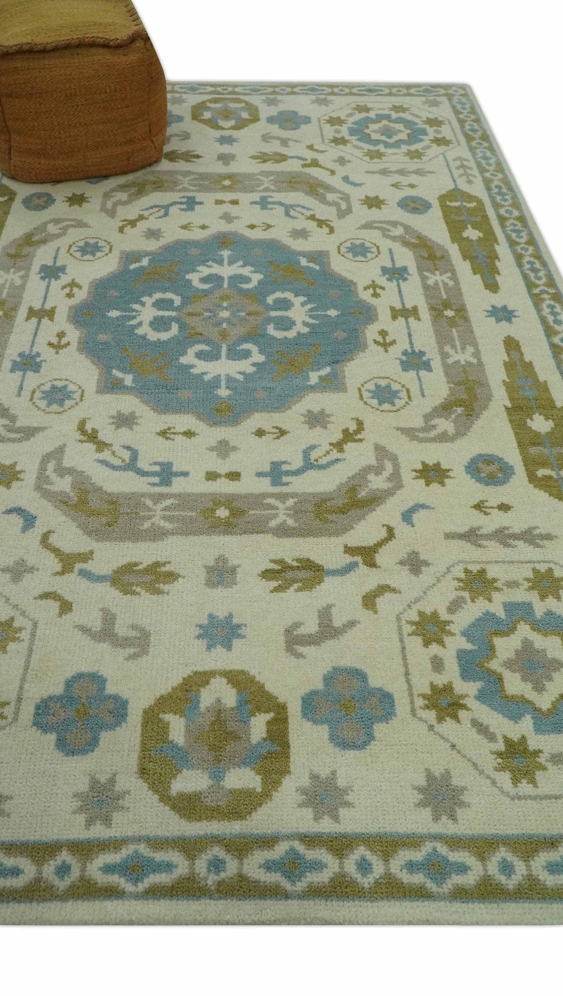 The Rug Decor Area Rug Custom Made Ivory, Olive and Teal Hand Knotted Traditional Medallion Mamluk Design wool Rug Custom Made Ivory, Olive and Teal Hand Knotted Traditional Medallion Mamluk Design wool Rug