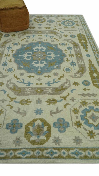 The Rug Decor Area Rug Custom Made Ivory, Olive and Teal Hand Knotted Traditional Medallion Mamluk Design wool Rug Custom Made Ivory, Olive and Teal Hand Knotted Traditional Medallion Mamluk Design wool Rug