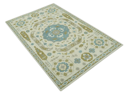 The Rug Decor Area Rug Custom Made Ivory, Olive and Teal Hand Knotted Traditional Medallion Mamluk Design wool Rug Custom Made Ivory, Olive and Teal Hand Knotted Traditional Medallion Mamluk Design wool Rug