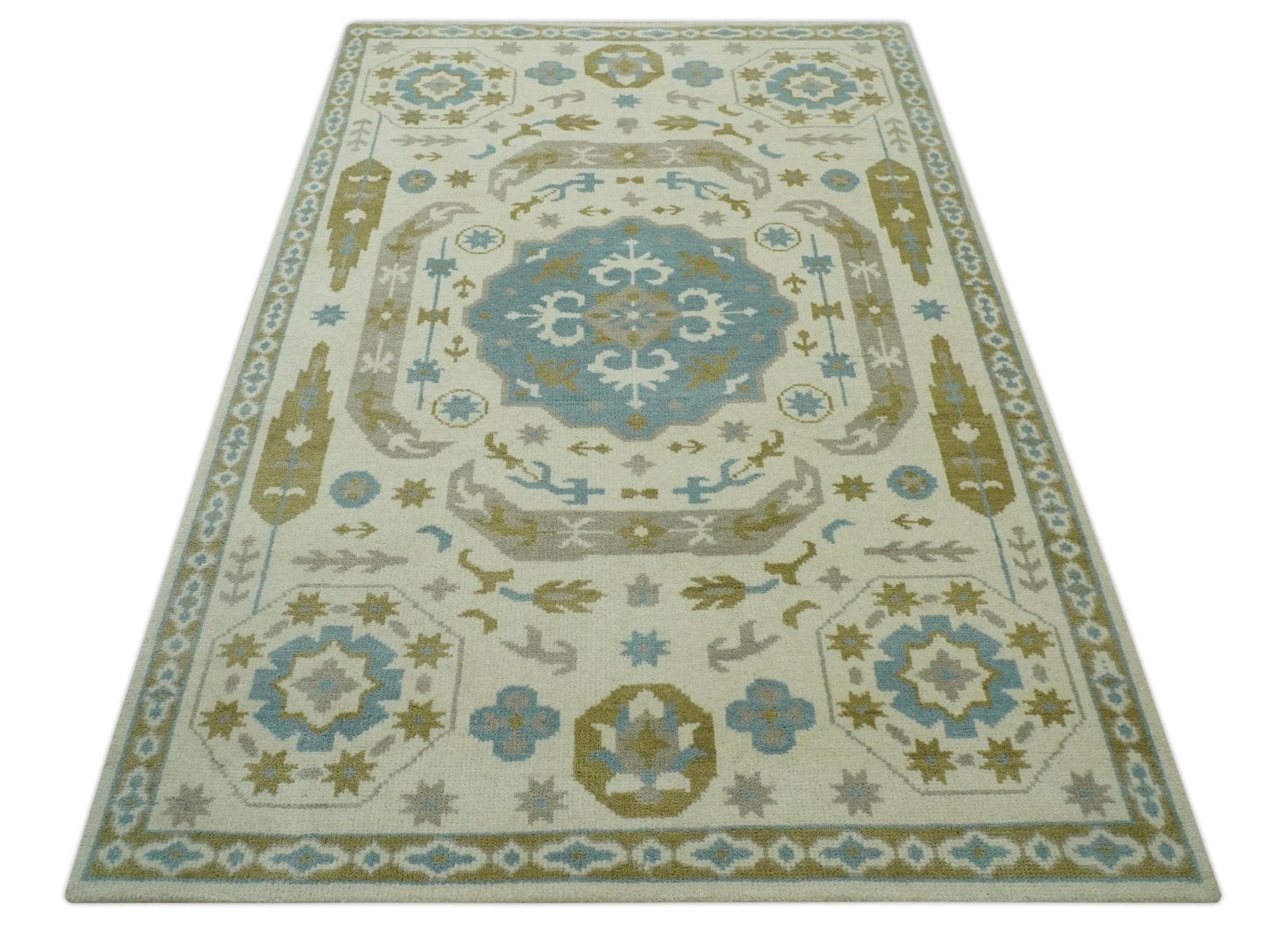 The Rug Decor Area Rug Custom Made Ivory, Olive and Teal Hand Knotted Traditional Medallion Mamluk Design wool Rug Custom Made Ivory, Olive and Teal Hand Knotted Traditional Medallion Mamluk Design wool Rug