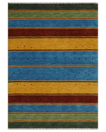 The Rug Decor Area Rug 5x7 Custom Made Modern Geometrical Blue, Gold, Brown and Green Stripes Design Wool Area Rug Custom Made Modern Geometrical Blue, Gold, Brown and Green Stripes Design Wool Area Rug
