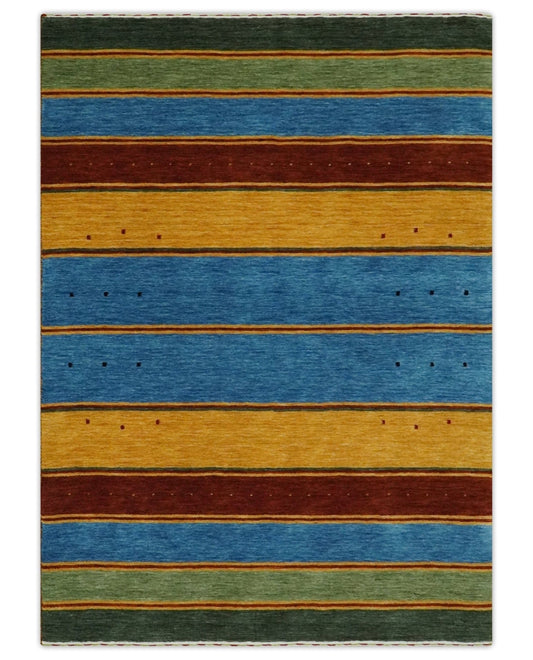 The Rug Decor Area Rug 5x7 Custom Made Modern Geometrical Blue, Gold, Brown and Green Stripes Design Wool Area Rug Custom Made Modern Geometrical Blue, Gold, Brown and Green Stripes Design Wool Area Rug