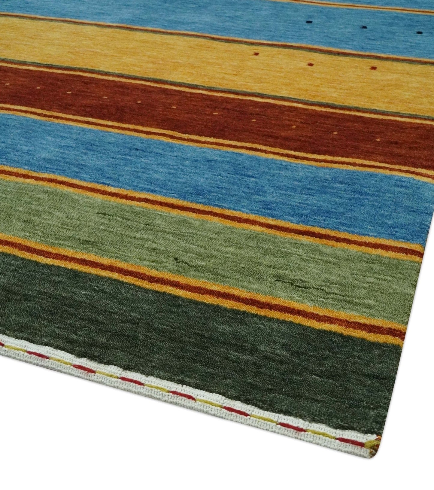 The Rug Decor Area Rug Custom Made Modern Geometrical Blue, Gold, Brown and Green Stripes Design Wool Area Rug Custom Made Modern Geometrical Blue, Gold, Brown and Green Stripes Design Wool Area Rug