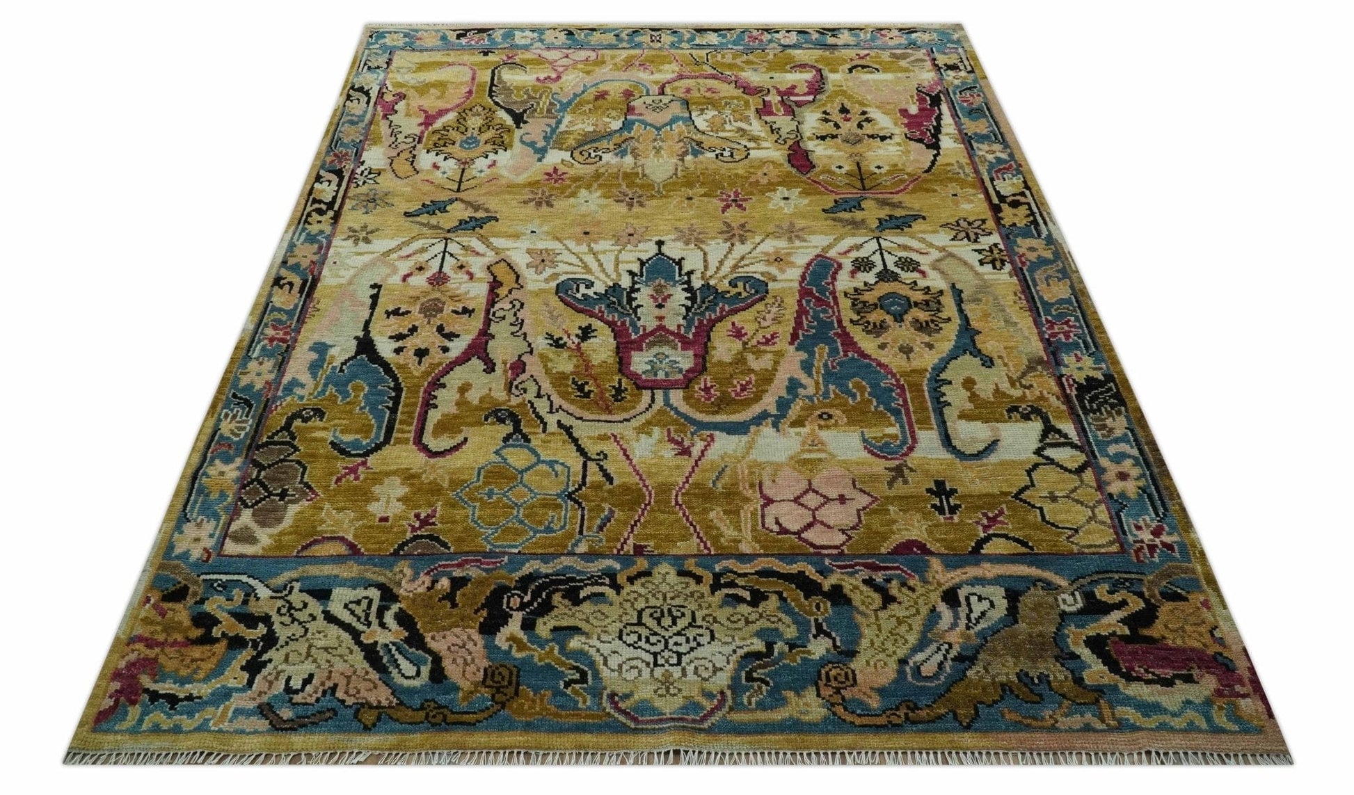 The Rug Decor Area Rug Custom Made Mustard and Teal transitional Dragon Oushak wool area rug Custom Made Mustard and Teal transitional Dragon Oushak wool area rug