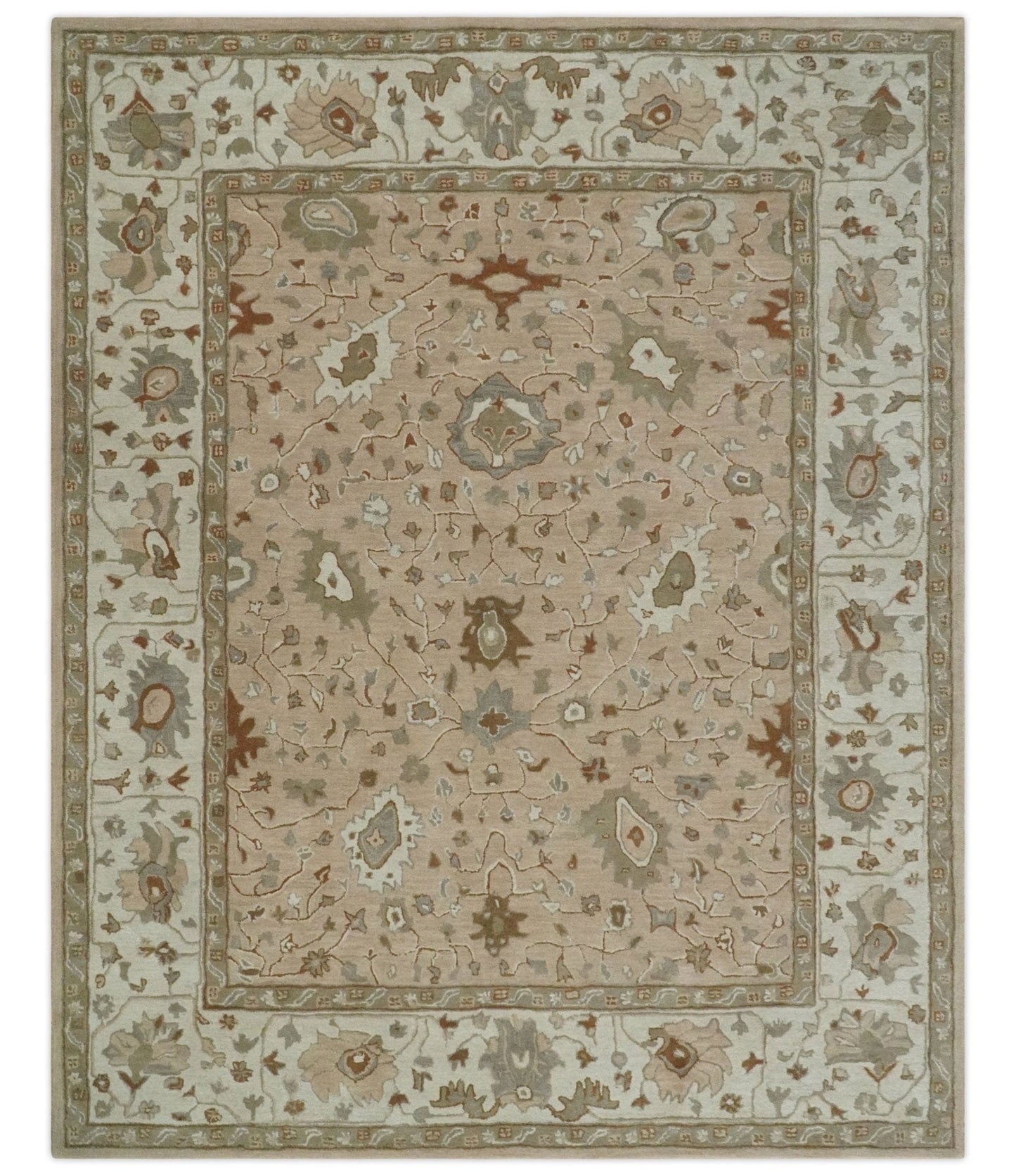 The Rug Decor Area Rug 8x10 Custom Made Oushak Design Tufted Peach, Ivory and Olive Traditional Rug Custom Made Oushak Design Tufted Peach, Ivory and Olive Traditional Rug