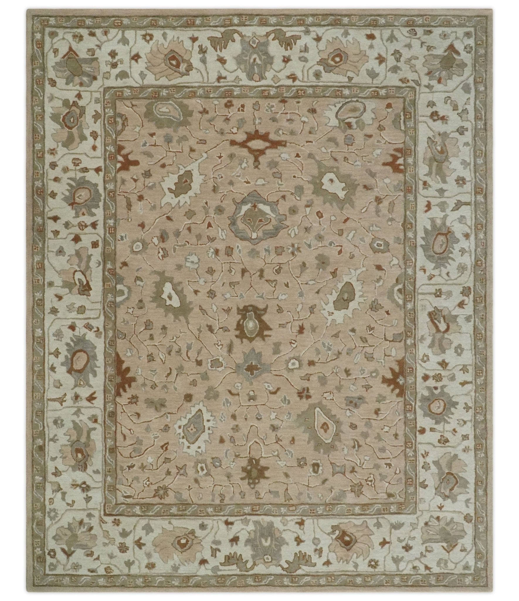 The Rug Decor Area Rug 8x10 Custom Made Oushak Design Tufted Peach, Ivory and Olive Traditional Rug Custom Made Oushak Design Tufted Peach, Ivory and Olive Traditional Rug