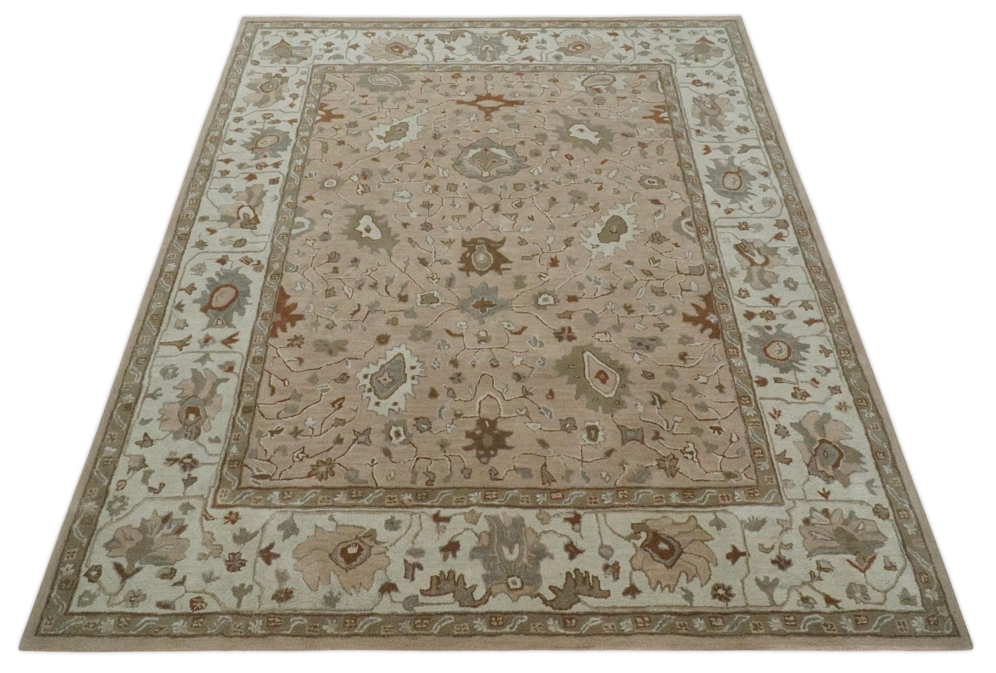 The Rug Decor Area Rug Custom Made Oushak Design Tufted Peach, Ivory and Olive Traditional Rug Custom Made Oushak Design Tufted Peach, Ivory and Olive Traditional Rug