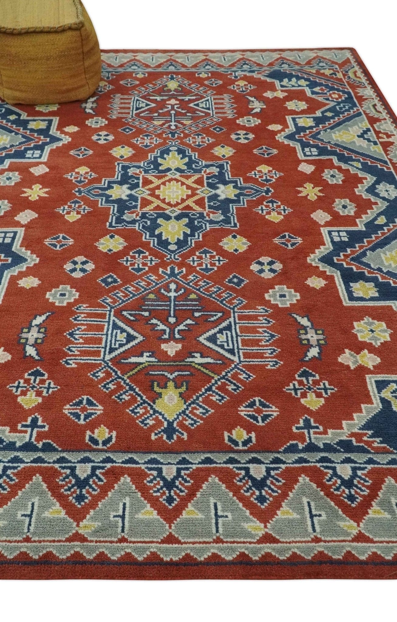 The Rug Decor Area Rug Custom Made Red, Blue, Gray and Mustard Traditional Hand knotted wool Area Rug Custom Made Red, Blue, Gray and Mustard Traditional Hand knotted wool Area Rug