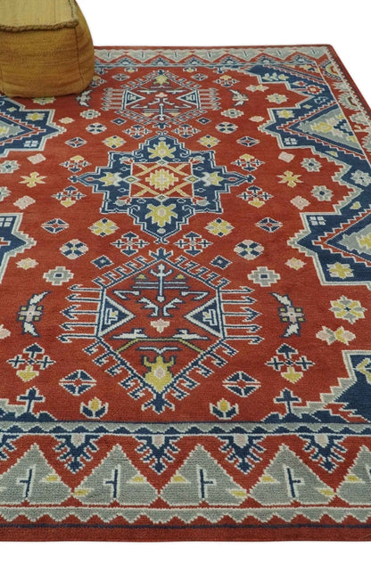 The Rug Decor Area Rug Custom Made Red, Blue, Gray and Mustard Traditional Hand knotted wool Area Rug Custom Made Red, Blue, Gray and Mustard Traditional Hand knotted wool Area Rug