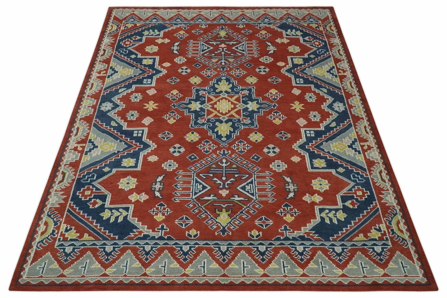 The Rug Decor Area Rug Custom Made Red, Blue, Gray and Mustard Traditional Hand knotted wool Area Rug Custom Made Red, Blue, Gray and Mustard Traditional Hand knotted wool Area Rug