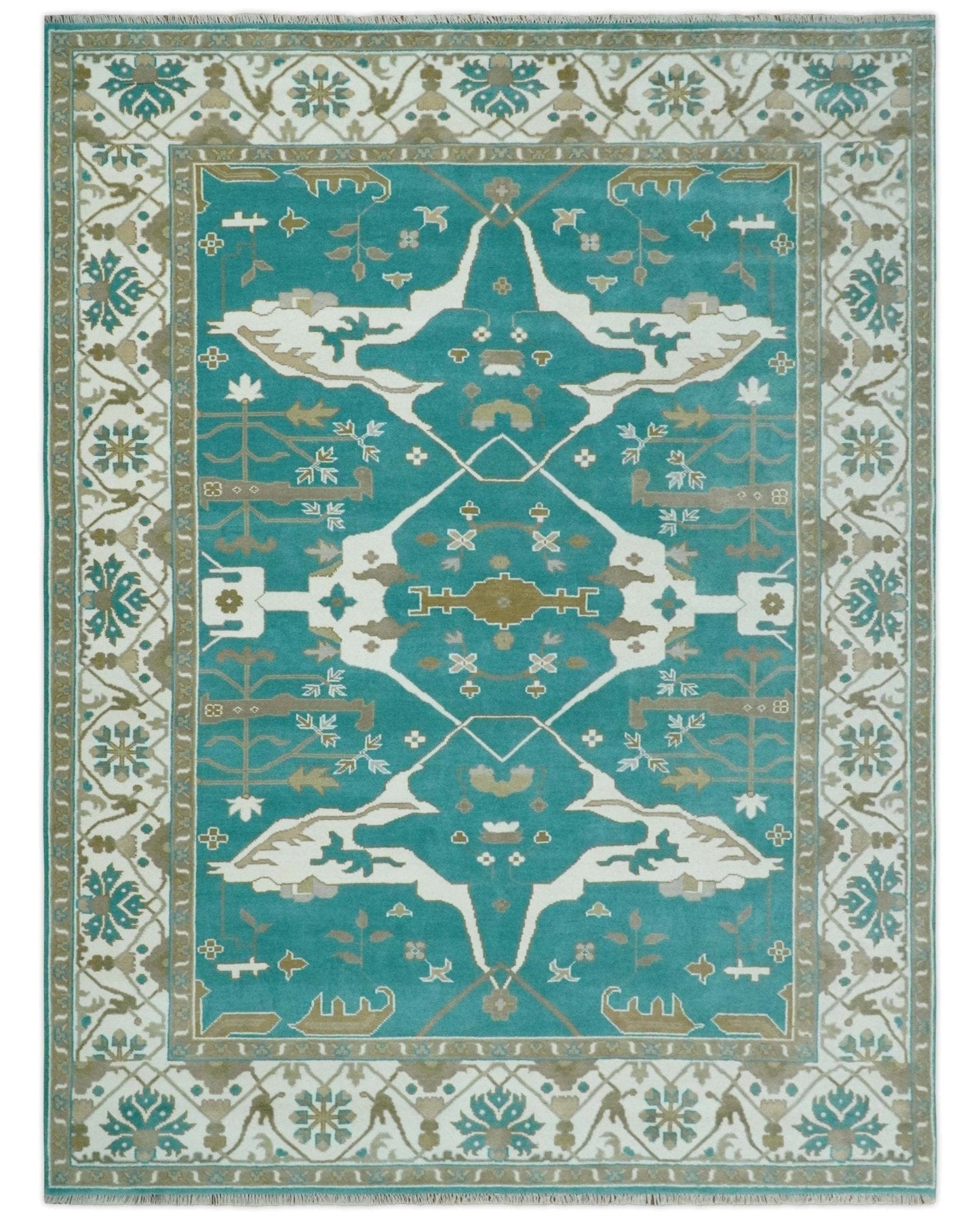 The Rug Decor Area Rug 9x12 Custom Made Teal and Ivory Hand knotted Oriental Oushak Multi Size wool Area Rug Custom Made Teal and Ivory Hand knotted Oriental Oushak Multi Size wool Area Rug