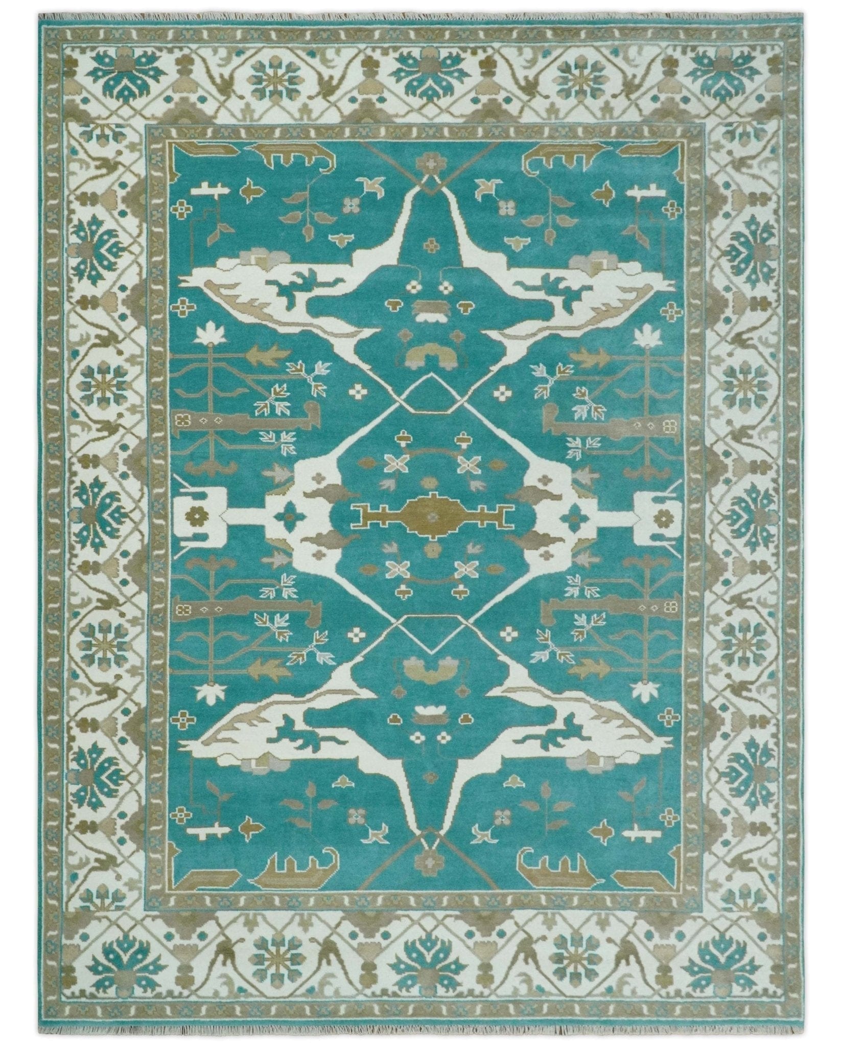 The Rug Decor Area Rug 9x12 Custom Made Teal and Ivory Hand knotted Oriental Oushak Multi Size wool Area Rug Custom Made Teal and Ivory Hand knotted Oriental Oushak Multi Size wool Area Rug