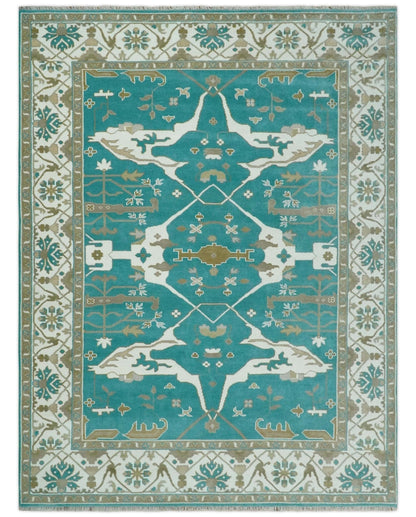 The Rug Decor Area Rug 9x12 Custom Made Teal and Ivory Hand knotted Oriental Oushak Multi Size wool Area Rug Custom Made Teal and Ivory Hand knotted Oriental Oushak Multi Size wool Area Rug
