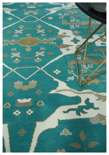 The Rug Decor Area Rug Custom Made Teal and Ivory Hand knotted Oriental Oushak Multi Size wool Area Rug Custom Made Teal and Ivory Hand knotted Oriental Oushak Multi Size wool Area Rug