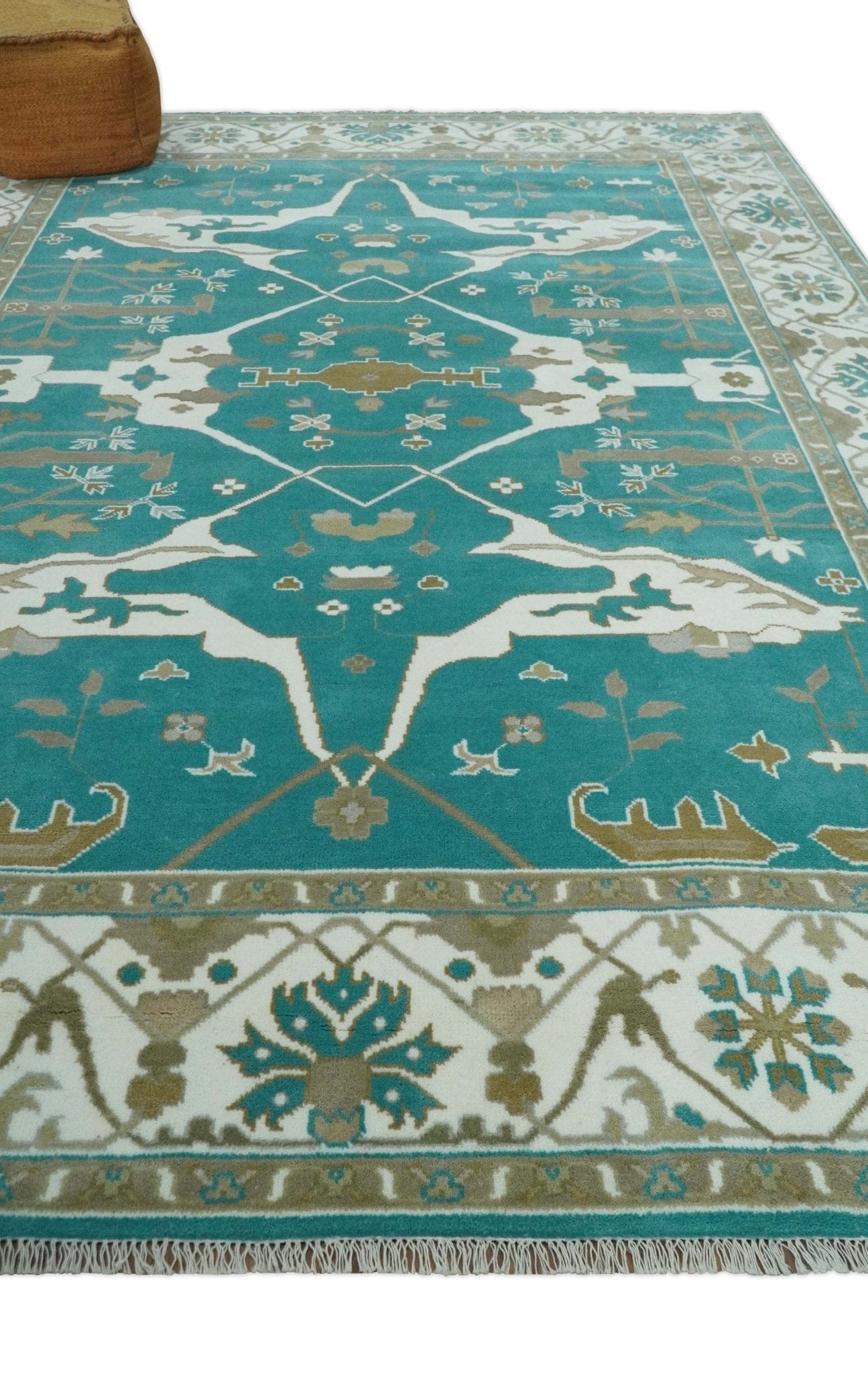 The Rug Decor Area Rug Custom Made Teal and Ivory Hand knotted Oriental Oushak Multi Size wool Area Rug Custom Made Teal and Ivory Hand knotted Oriental Oushak Multi Size wool Area Rug