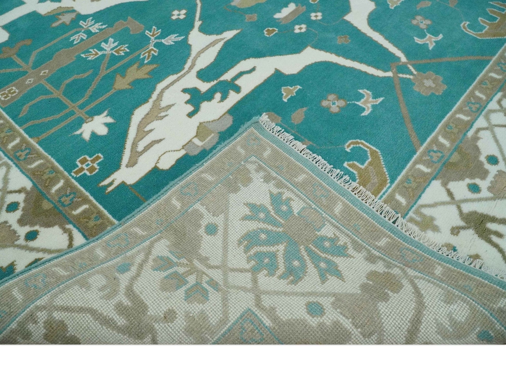 The Rug Decor Area Rug Custom Made Teal and Ivory Hand knotted Oriental Oushak Multi Size wool Area Rug Custom Made Teal and Ivory Hand knotted Oriental Oushak Multi Size wool Area Rug