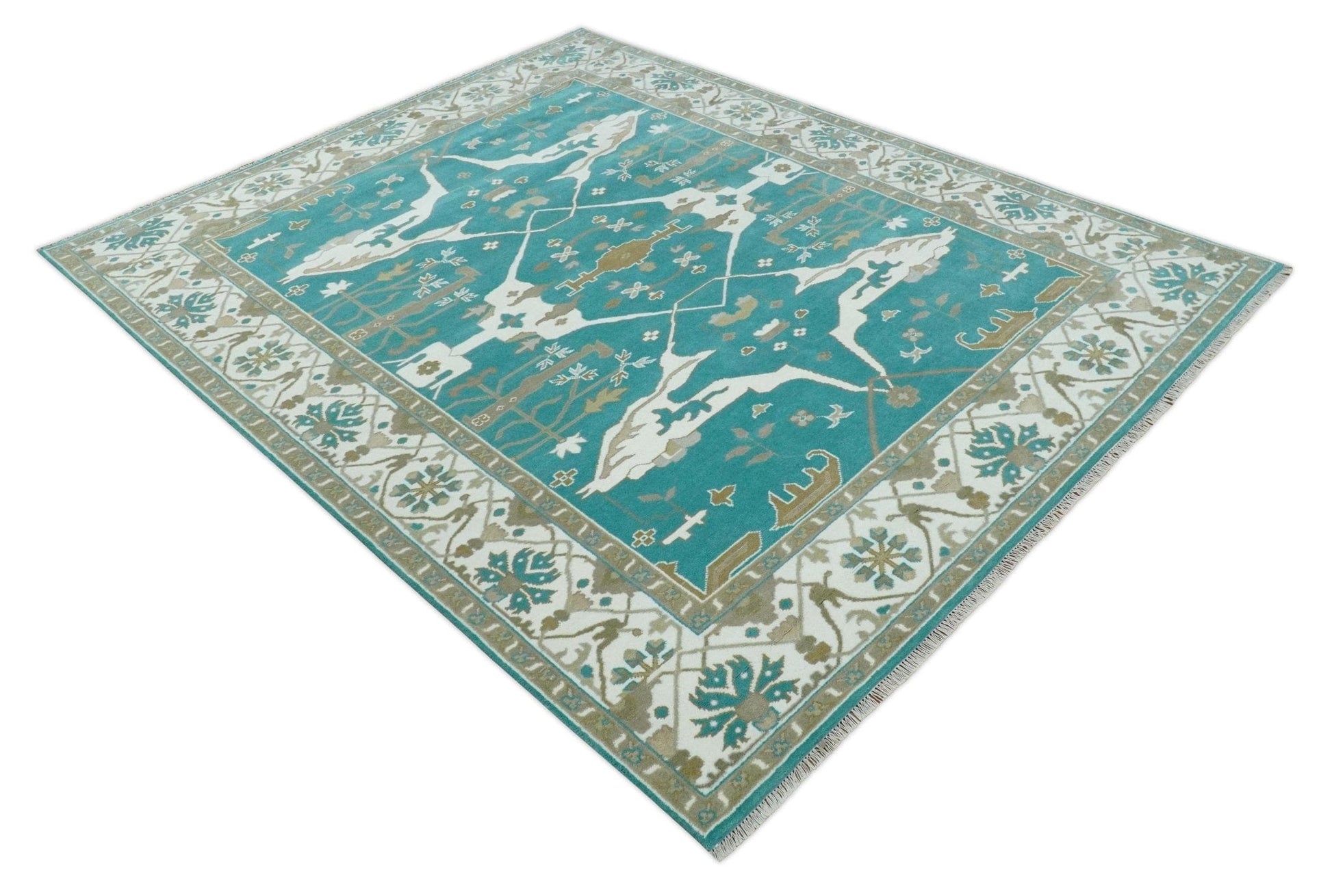 The Rug Decor Area Rug Custom Made Teal and Ivory Hand knotted Oriental Oushak Multi Size wool Area Rug Custom Made Teal and Ivory Hand knotted Oriental Oushak Multi Size wool Area Rug
