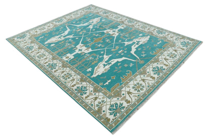 The Rug Decor Area Rug Custom Made Teal and Ivory Hand knotted Oriental Oushak Multi Size wool Area Rug Custom Made Teal and Ivory Hand knotted Oriental Oushak Multi Size wool Area Rug