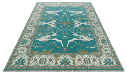The Rug Decor Area Rug Custom Made Teal and Ivory Hand knotted Oriental Oushak Multi Size wool Area Rug Custom Made Teal and Ivory Hand knotted Oriental Oushak Multi Size wool Area Rug