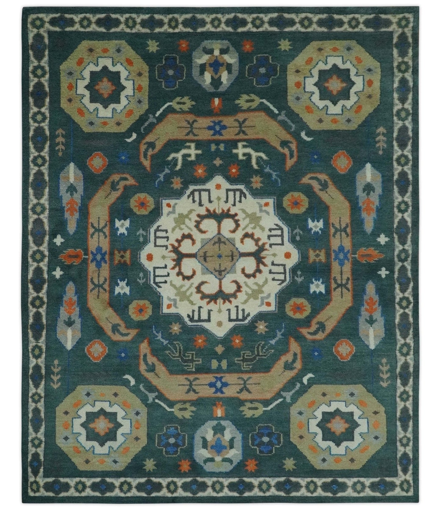 The Rug Decor Area Rug 8x10 Custom Made Teal and Ivory Hand Knotted Traditional Mamluk Design wool Rug Custom Made Teal and Ivory Hand Knotted Traditional Mamluk Design wool Rug
