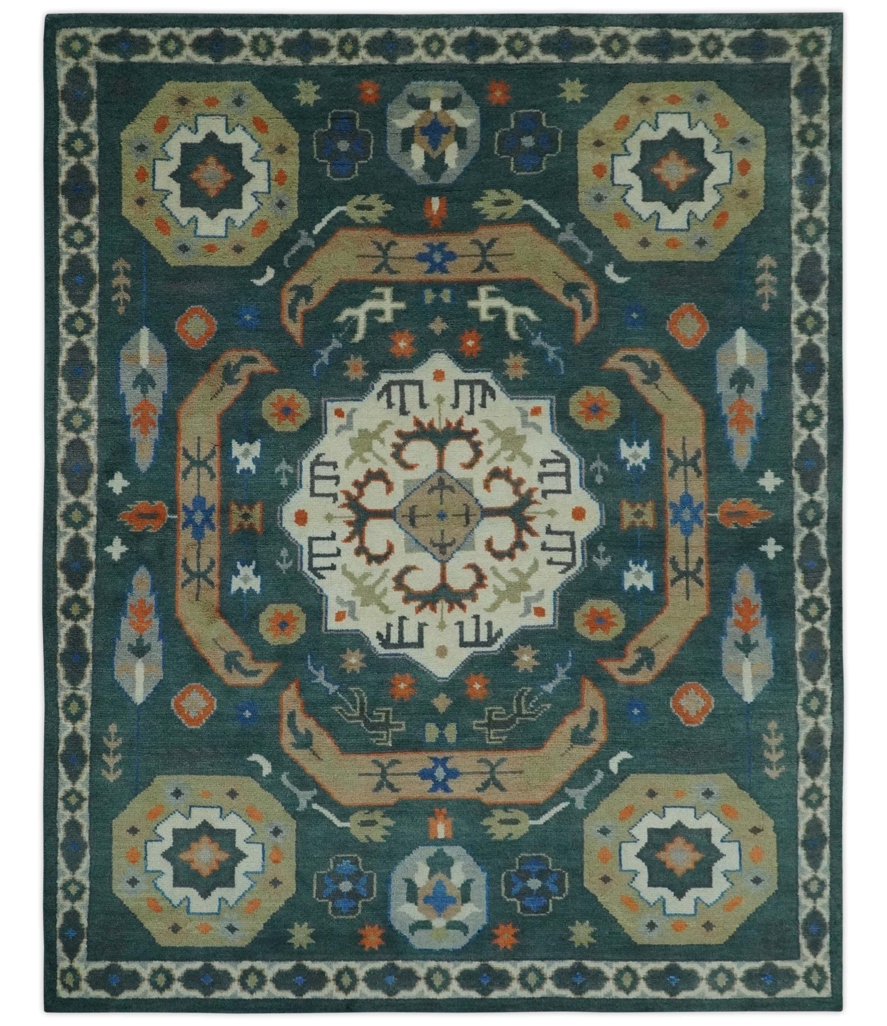 The Rug Decor Area Rug 8x10 Custom Made Teal and Ivory Hand Knotted Traditional Mamluk Design wool Rug Custom Made Teal and Ivory Hand Knotted Traditional Mamluk Design wool Rug