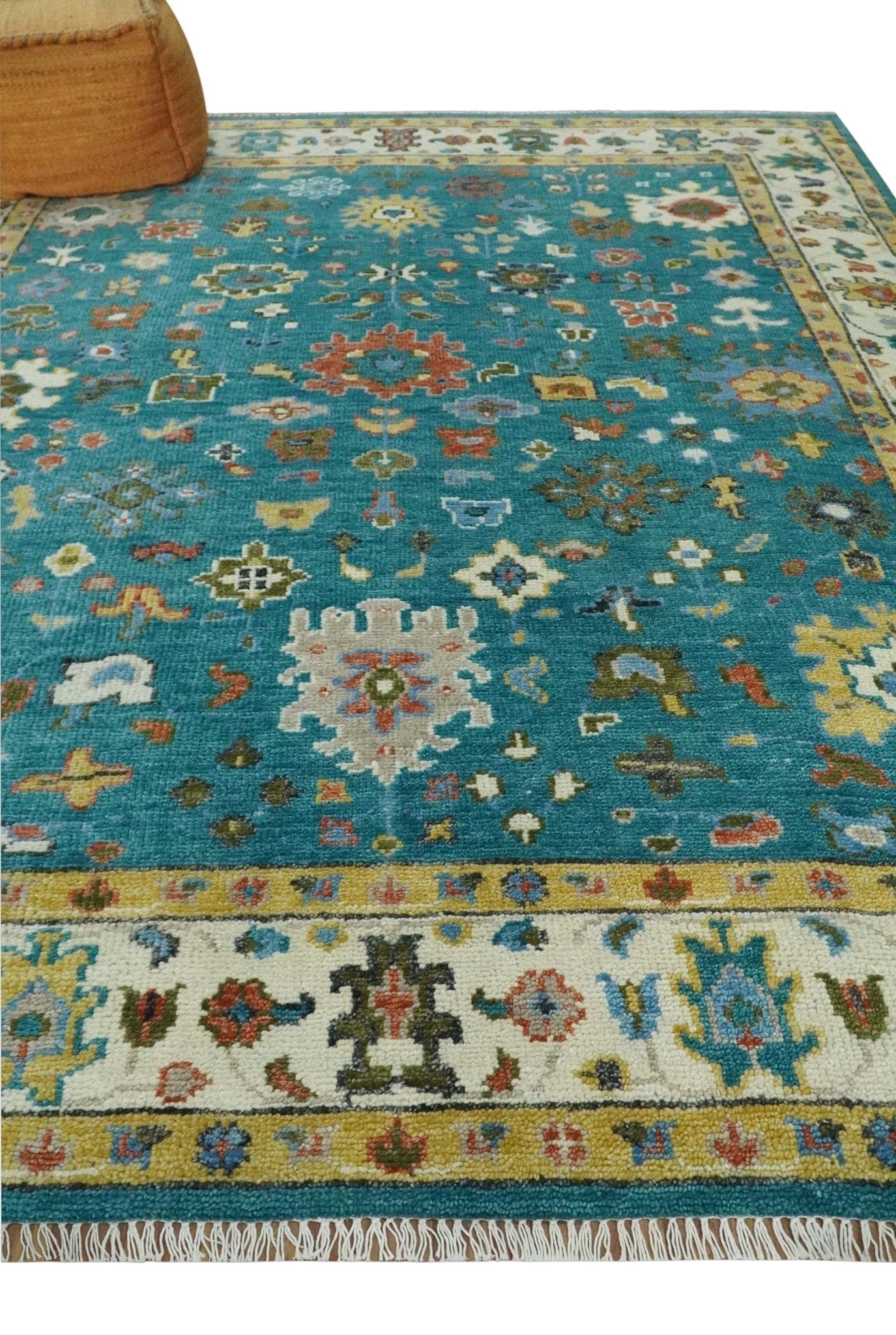 The Rug Decor Area Rug Custom Made Teal and Ivory Hand knotted Traditional Oushak wool Area Rug Custom Made Teal and Ivory Hand knotted Traditional Oushak wool Area Rug
