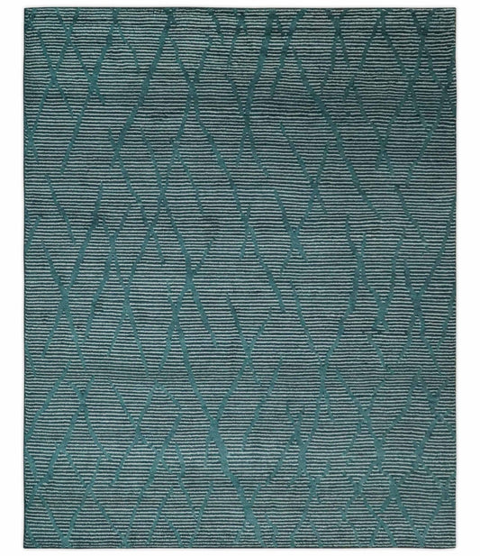 The Rug Decor Area Rug 8x10 Custom Made Teal and Ivory Modern Stripes Design Hand Knotted wool Area Rug Custom Made Teal and Ivory Modern Stripes Design Hand Knotted wool Area Rug