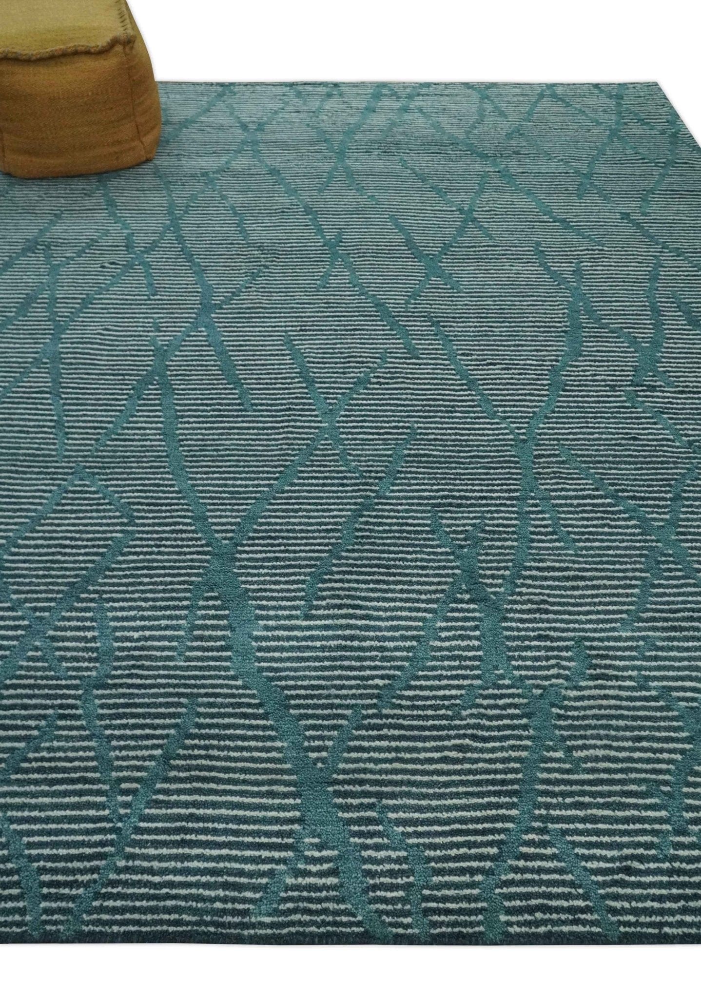 The Rug Decor Area Rug Custom Made Teal and Ivory Modern Stripes Design Hand Knotted wool Area Rug Custom Made Teal and Ivory Modern Stripes Design Hand Knotted wool Area Rug
