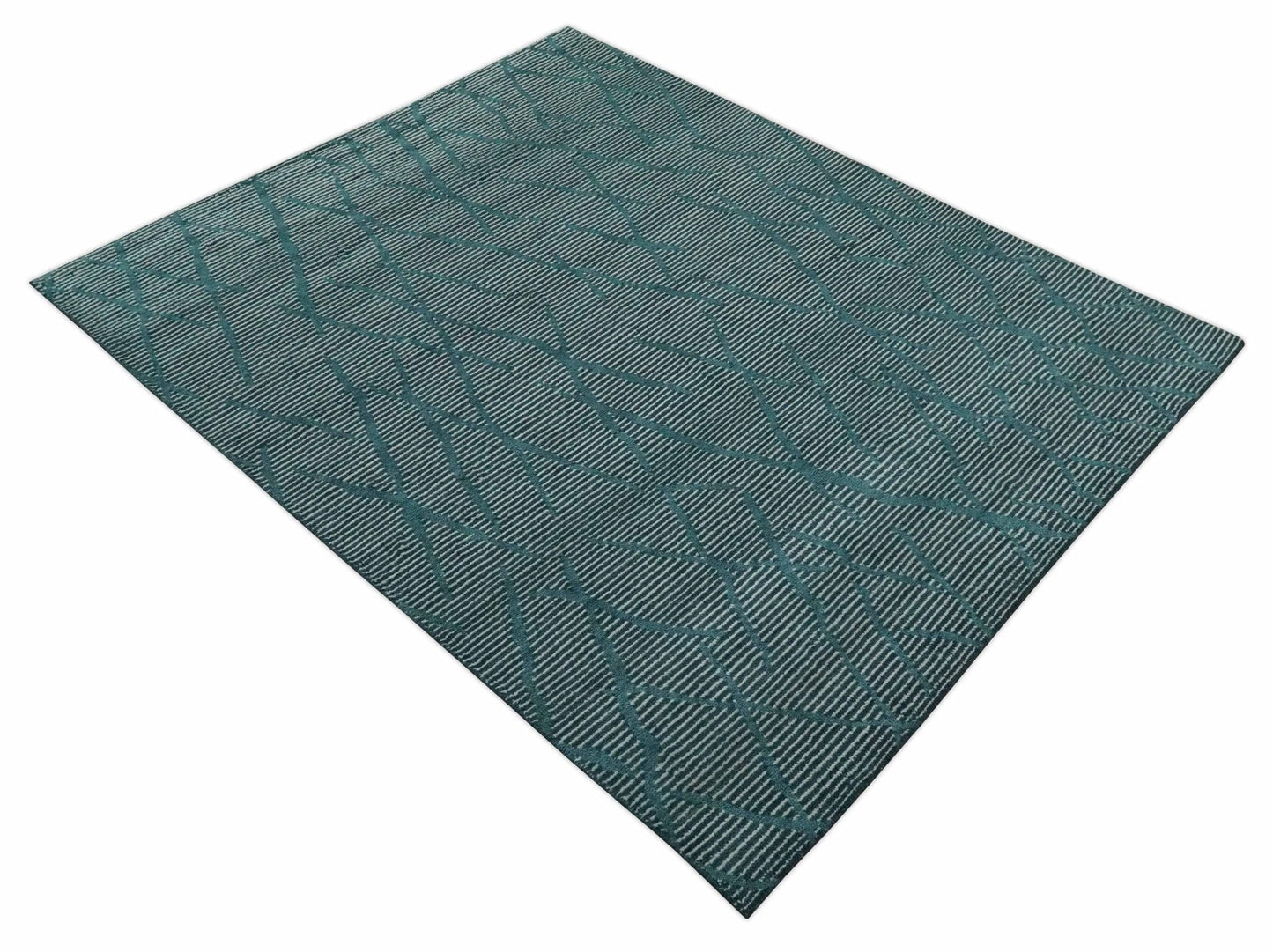 The Rug Decor Area Rug Custom Made Teal and Ivory Modern Stripes Design Hand Knotted wool Area Rug Custom Made Teal and Ivory Modern Stripes Design Hand Knotted wool Area Rug