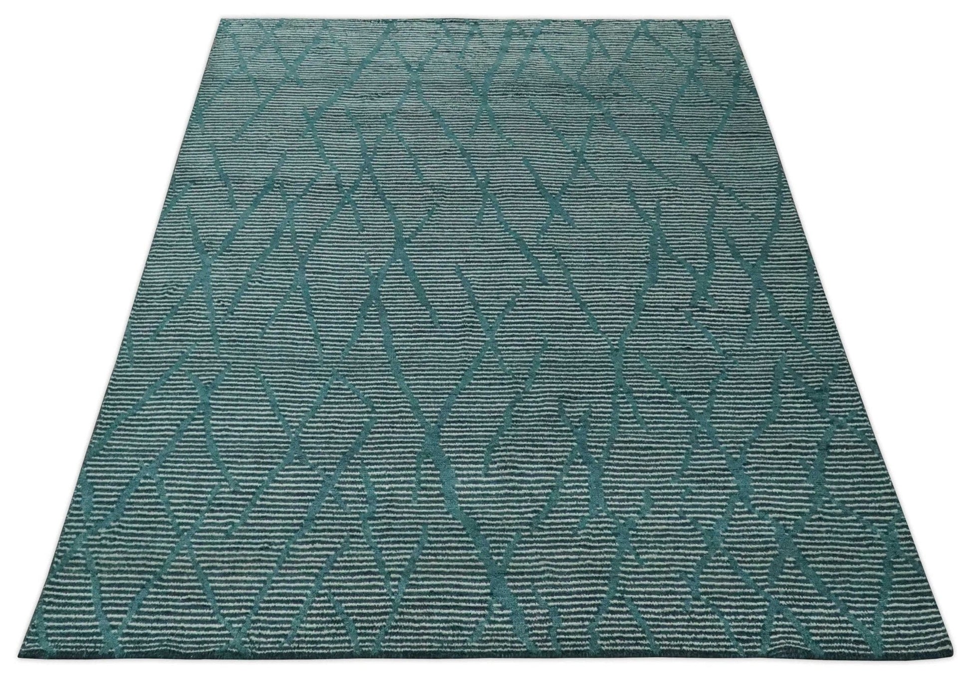 The Rug Decor Area Rug Custom Made Teal and Ivory Modern Stripes Design Hand Knotted wool Area Rug Custom Made Teal and Ivory Modern Stripes Design Hand Knotted wool Area Rug