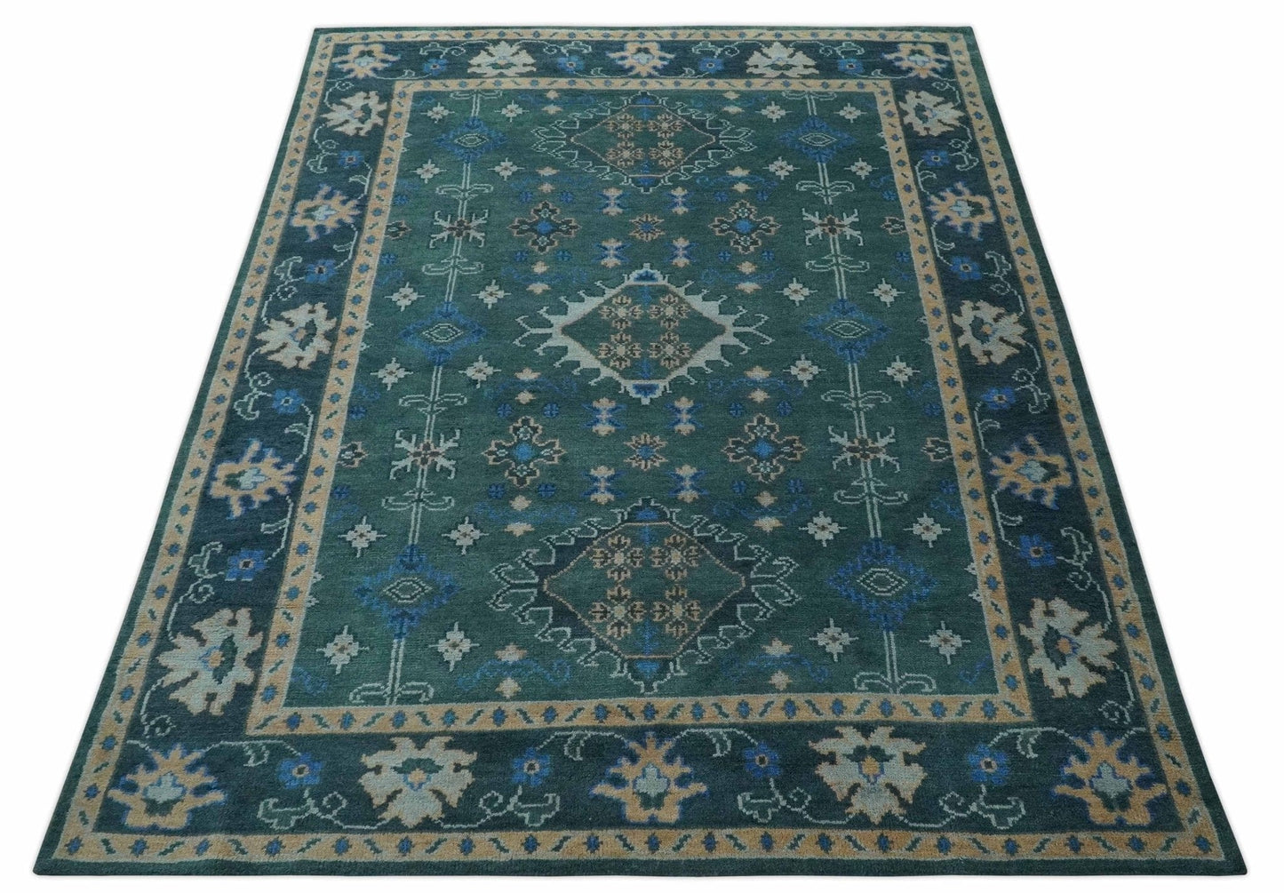 The Rug Decor Area Rug Custom Made Teal, Blue, Peach and Silver Hand Knotted Traditional Heriz wool Area Rug Custom Made Teal, Blue, Peach and Silver Hand Knotted Traditional Heriz wool Area Rug